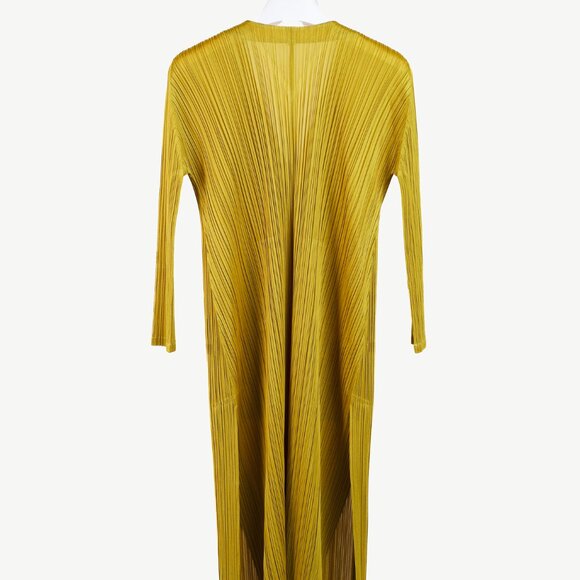 Issey Miyake Pleats Please Chartreuse Pleated Long Buttoned Cardigan - Picture 2 of 10